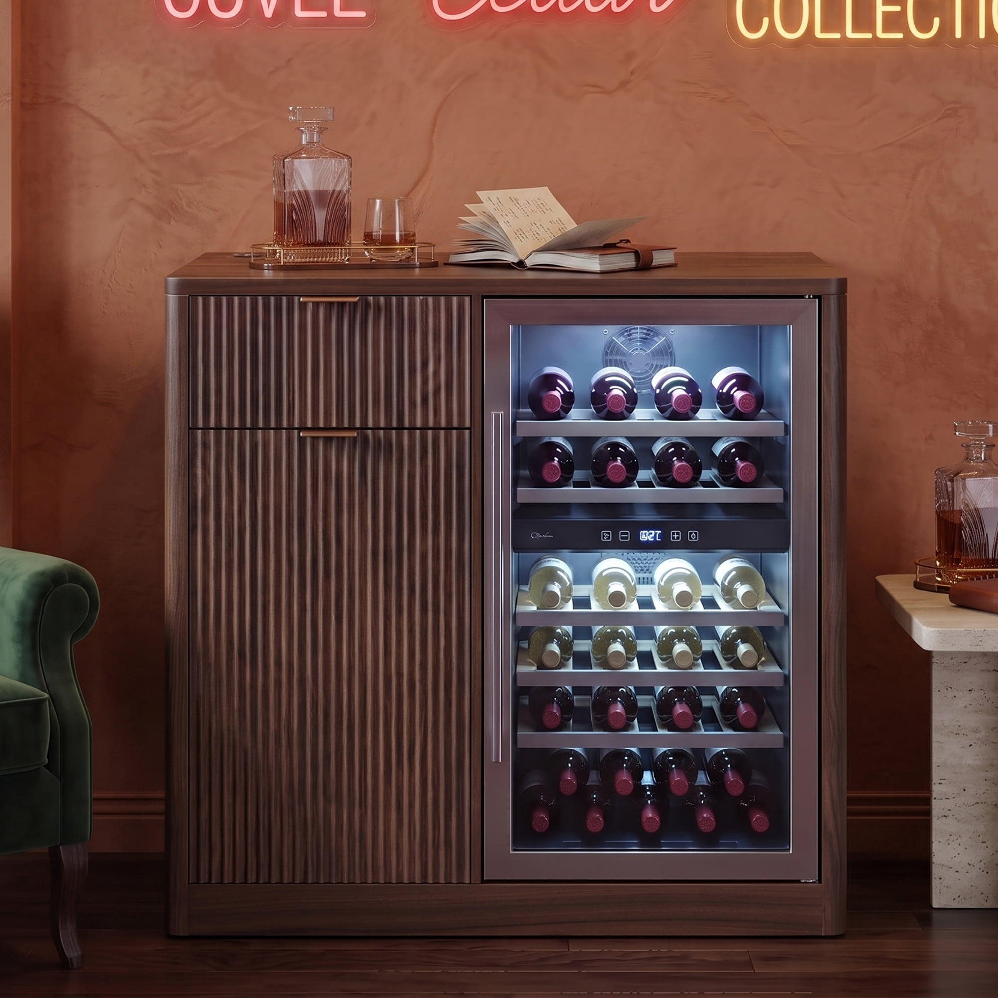 Mintazer 39" Modern Fluted Coffee Bar Cabinet with Fridge Space & Charging Station, Sideboard Beverage Station with Wine Glass Rack & Adjustable Shelves for Dining Room Living Room Apartment, Walnut