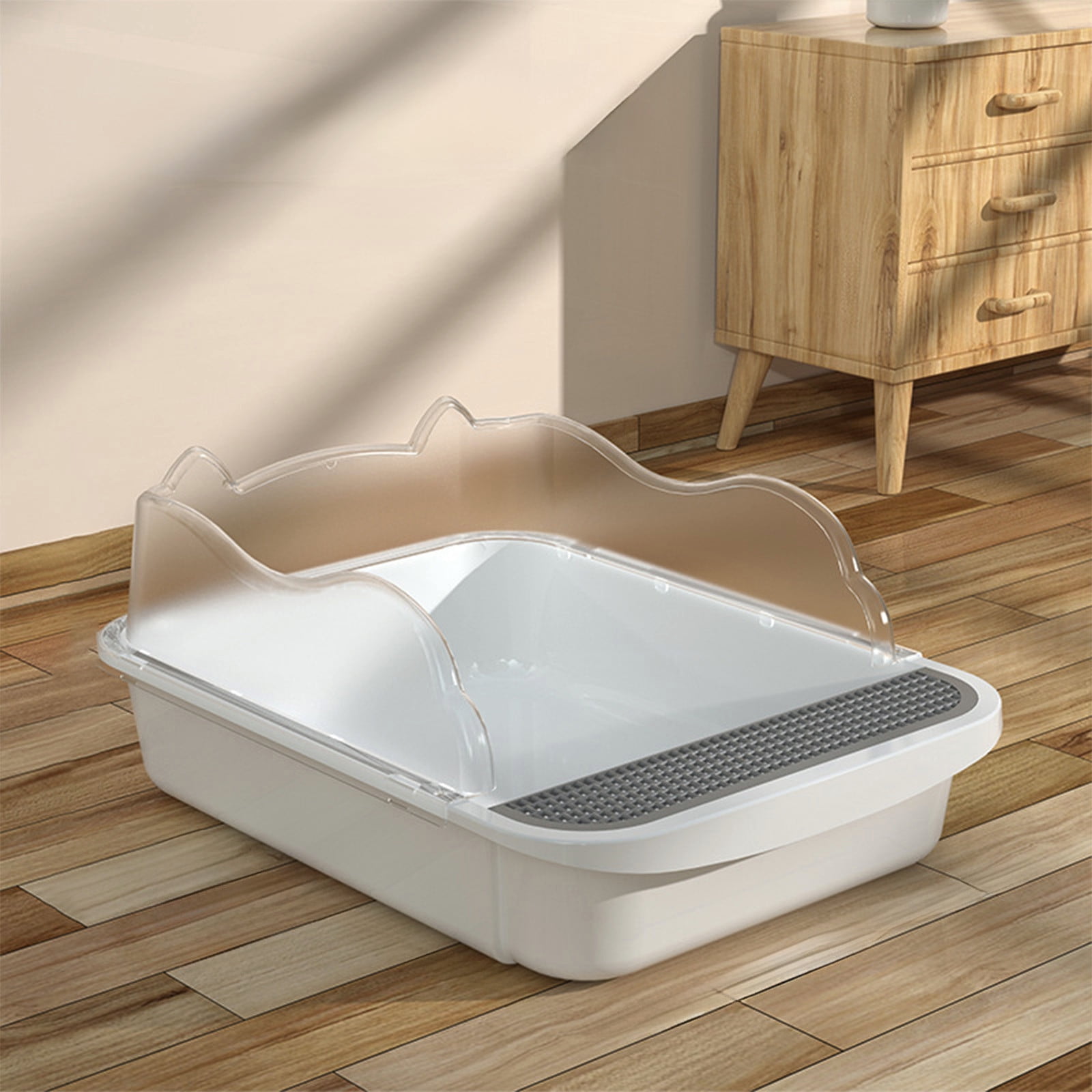 Semi Enclosed High Side Cat Litter Box with Splash Guard, Includes Litter Scoop and Hook, Large Plastic Tray for Indoor Cats, Leak Proof Design Easy to Clean