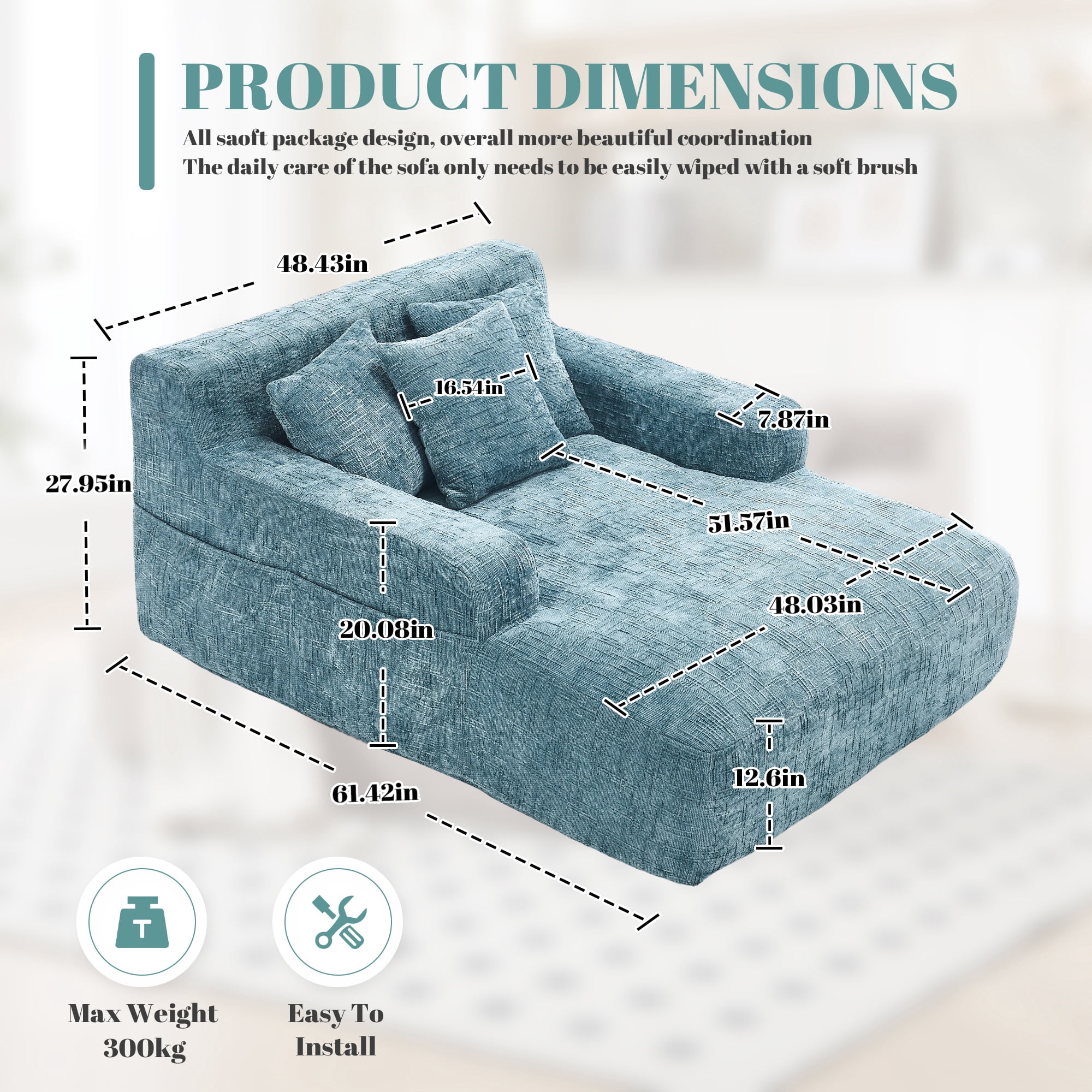 MOONMISS Chenille Upholstered Deep Seat Bean Bag Lazy Sleeping Sofa Chair with Three Pillows and Side Pocket-Mint Blue