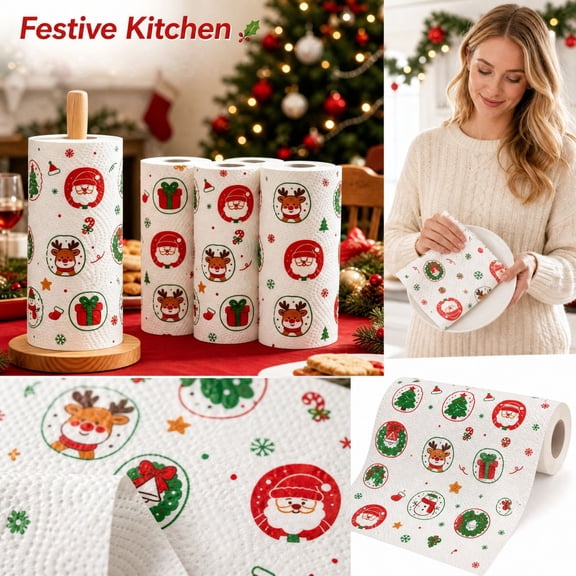 Christmas Printed Paper Towels, Disposable Festive Kitchen Paper Roll with Santa Reindeer Xmas Tree Pattern, Holiday Decorative Paper Towels for Christmas Kitchen Dining Party Decorations