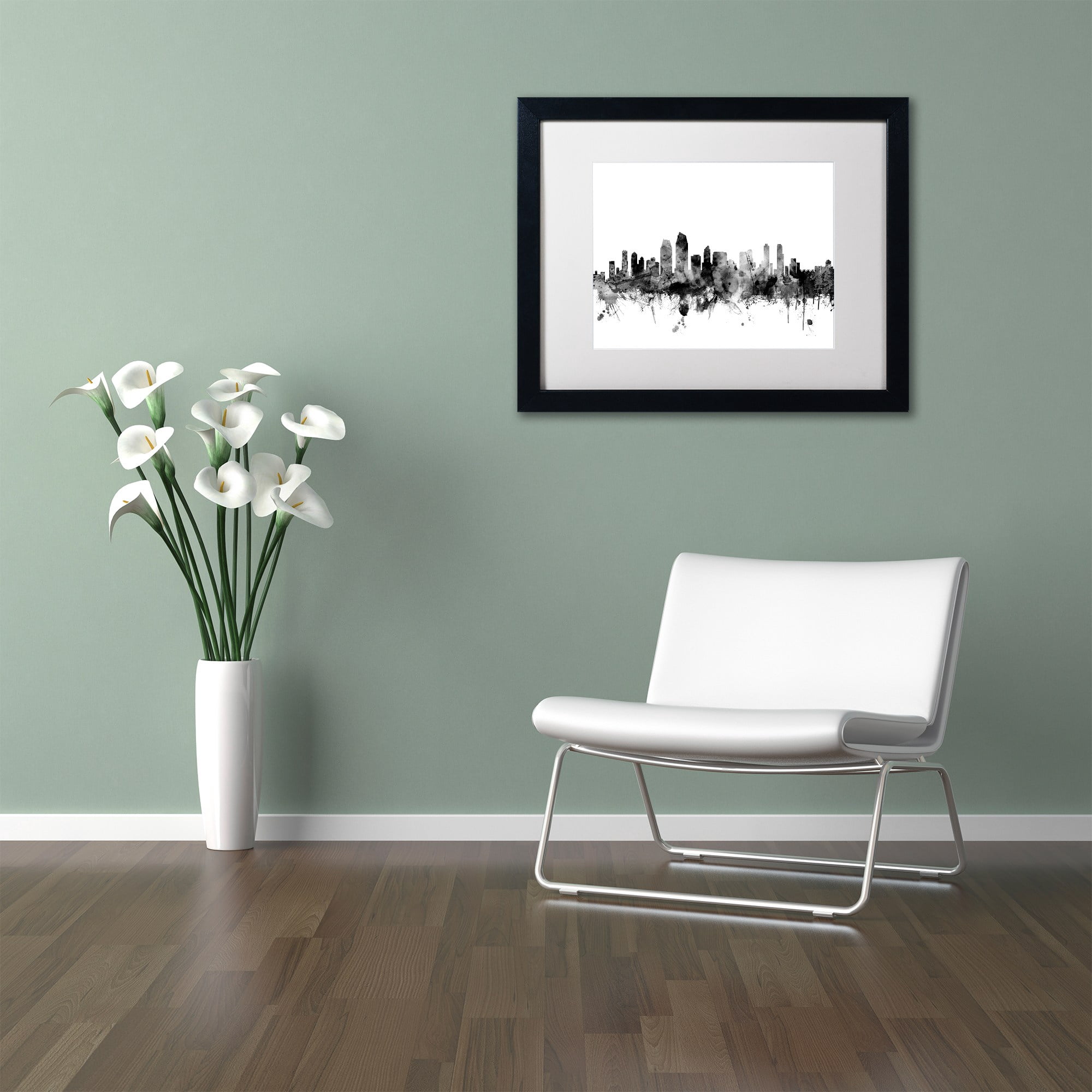 Trademark Fine Art "San Diego CA Skyline B&W" Canvas Art by Michael Tompsett, White Matte, Black Frame