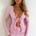 thumbnail image 2 of Arlun,Womens Sexy Lace Sheer T Shirts Trendy Deep V-Neck Long Sleeve Stretchy Tight Tshirts Ladies Solid Color Drawstring Tie Comfortable Breathable Thin Tops Pink XL, 2 of 5