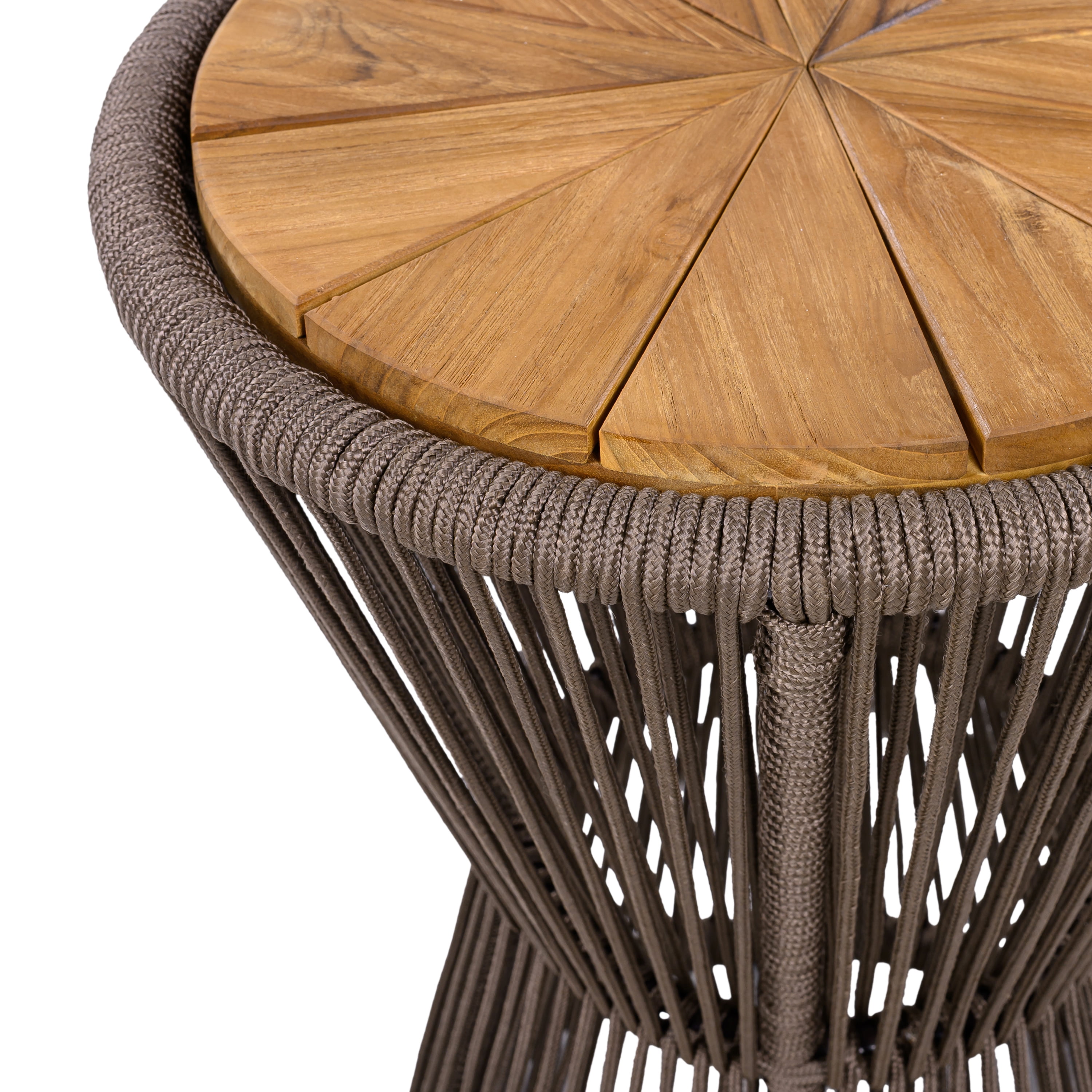 Side Table, Outdoor Dark Grey Rope and Acacia Wood Hourglass Design Table for Patio Deck, Teak