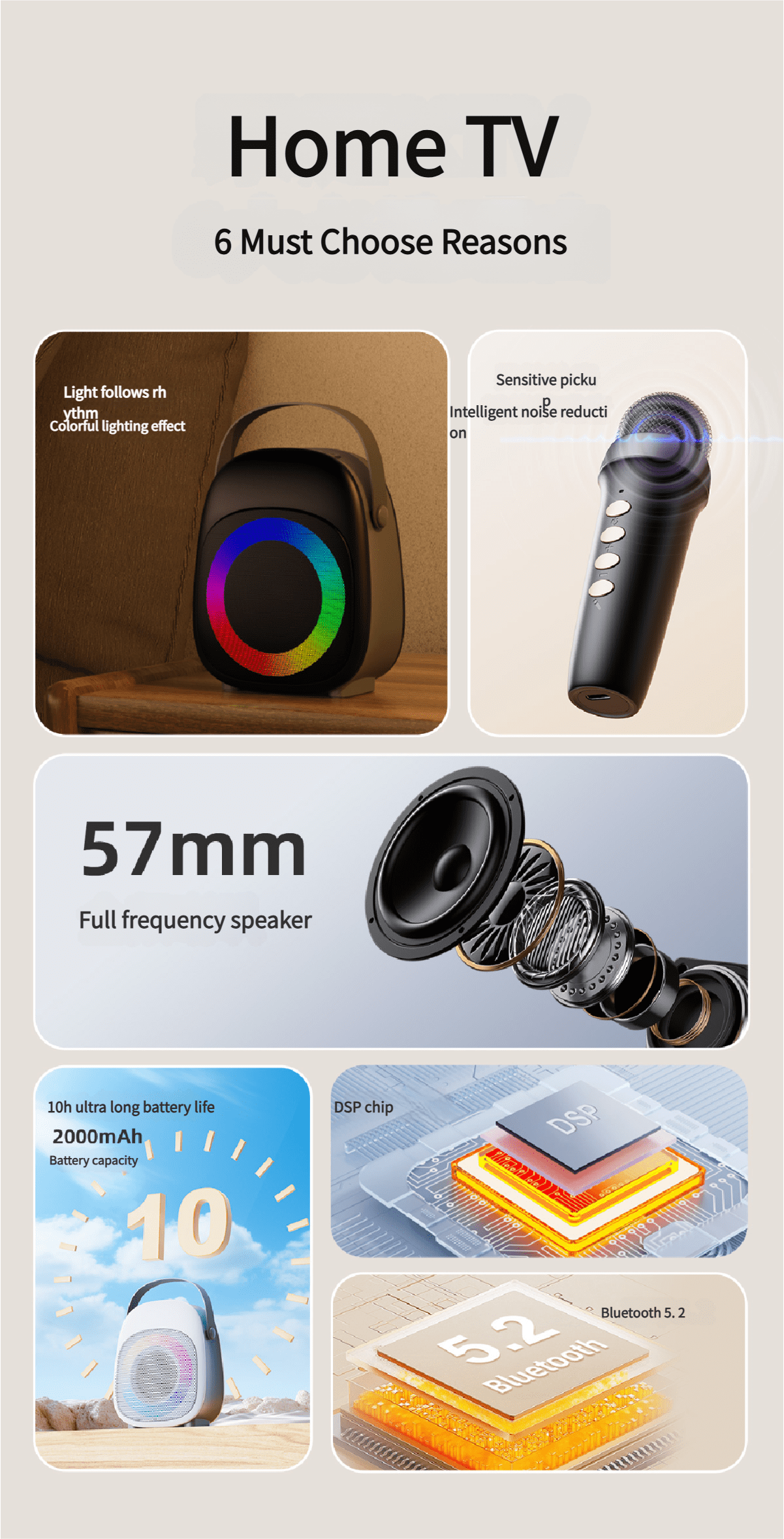 Portable Home Karaoke Microphone with Bluetooth 5.2, 10H Battery, LED Lights, Noise Cancellation & 57mm Speaker - Wireless Party Singing System