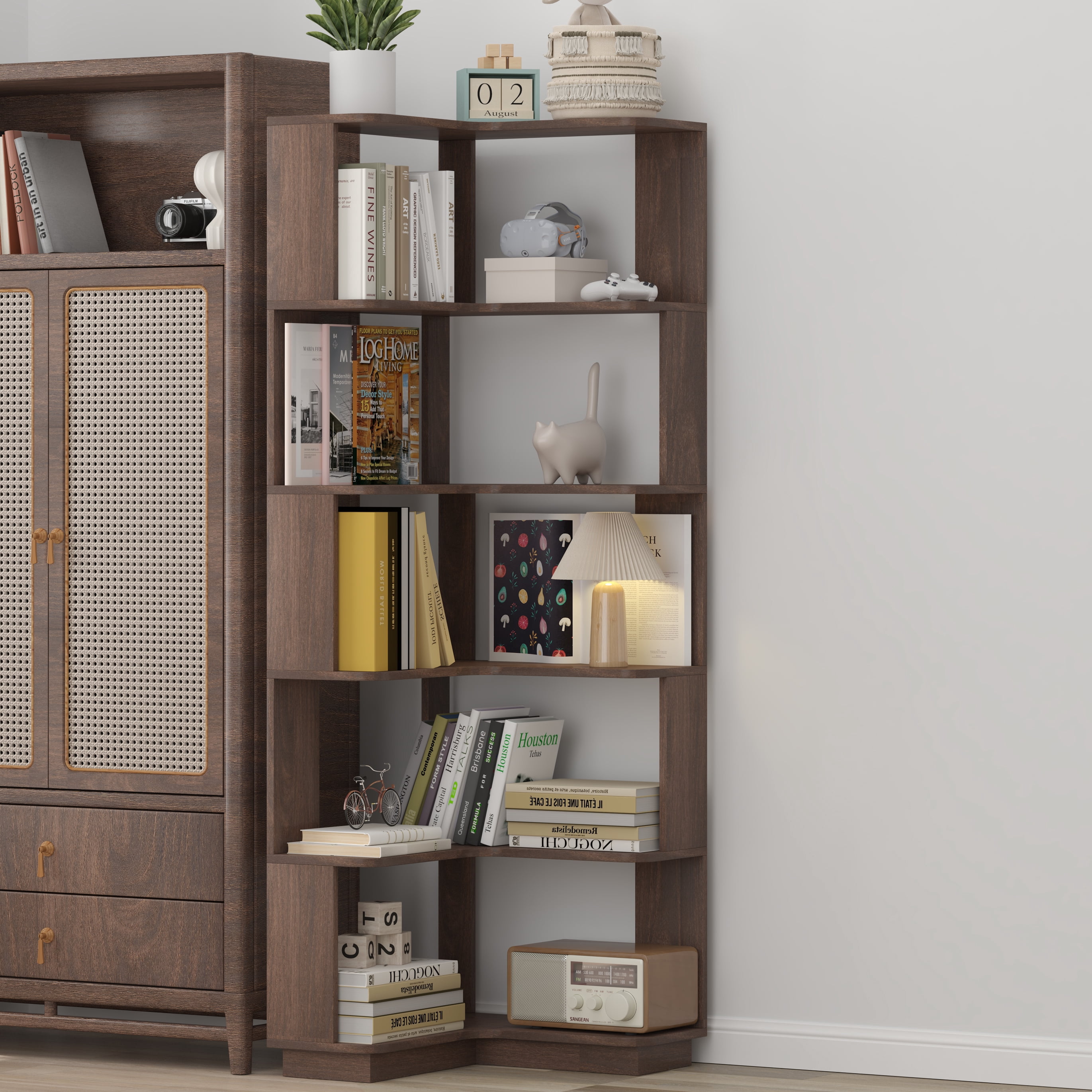 6 Tier Freestanding L-Shaped Corner Bookshelf Dark Brown Wooden Bookcase with Anti-Drop Panel Anti-Tipping Device Display Shelf Storage Organizer