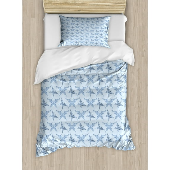 Flowers Insects Duvet Cover Set Twin Size, Print of Butterfly Silhouettes in Floral Motifs, Decorative 2 Piece Bedding Set with 1 Pillow Sham, Slate Blue Pale Slate Blue Baby Blue, by Ambesonne