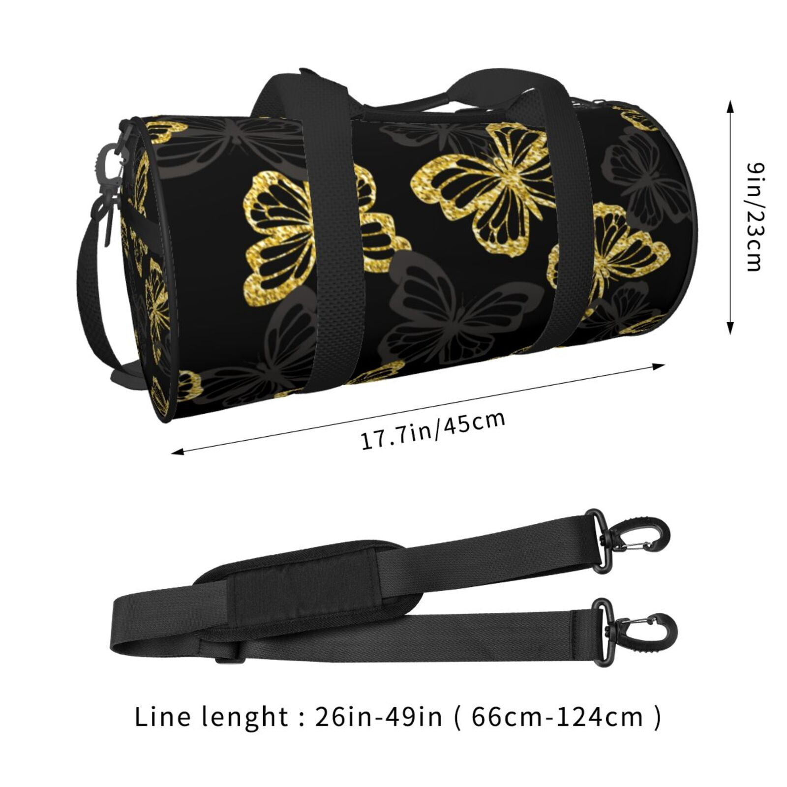 Vsdgher Golden Glitter Butterflies 45L Foldable Duffel Bag, Sports Gym Bag,Overnight Bag, Portable Weekender Bag for Airplanes