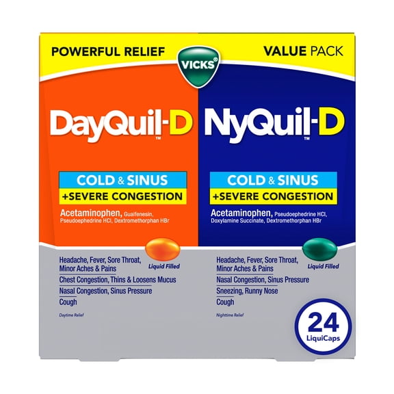 Vicks DayQuil-D and NyQuil-D Cold & Sinus LiquiCaps, Cold & Sinus Medicine for Adults, 24 Count