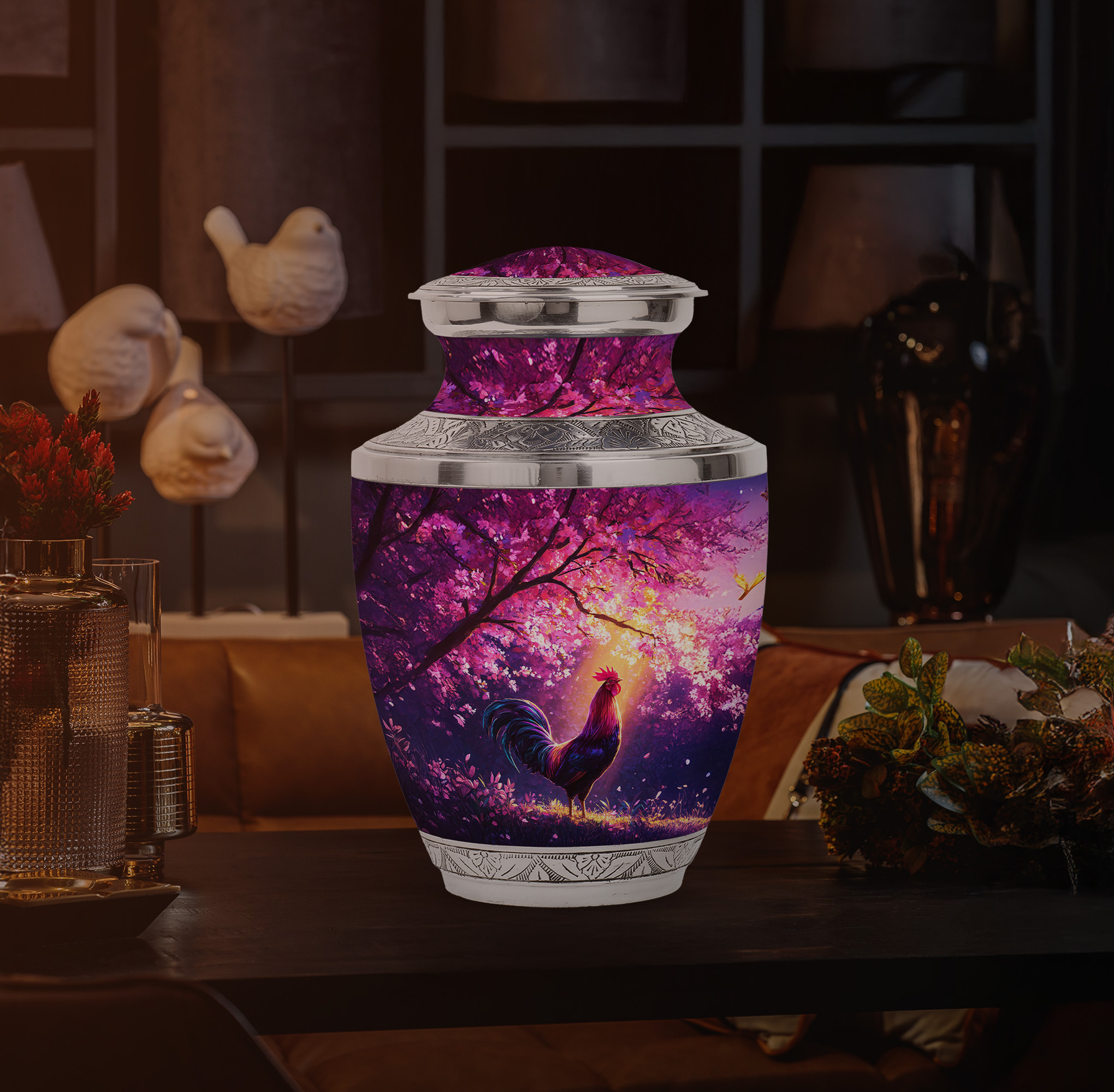 Yatskia Pink Blossoms Rooster Urns for Human Ashes Adult Female, Memorial Urn for Ashes Adult Male, Decorative Urns for Human Ash, (Tasty Large, 10 Inch)