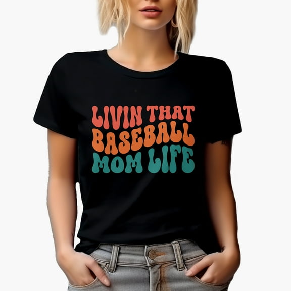 Livin That Baseball Mom Life, Mom of a Player Themed Quote, Groovy Retro Wavy Text Merch Gift, Black T-Shirt, Small