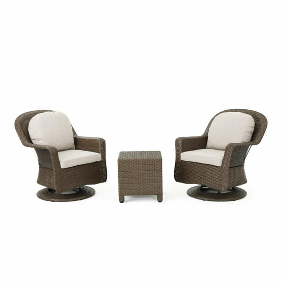 Gabrael Outdoor Wicker 2 Seater Swivel Chat Set with Cushions - Dark Brown and Navy Blue