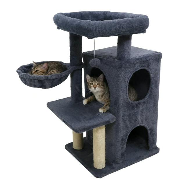 Gymax 33.5'' Cat Tree w/ 2-Tier Condo Padded Plush Top Perch Sisal Scratching Posts Deep Gray