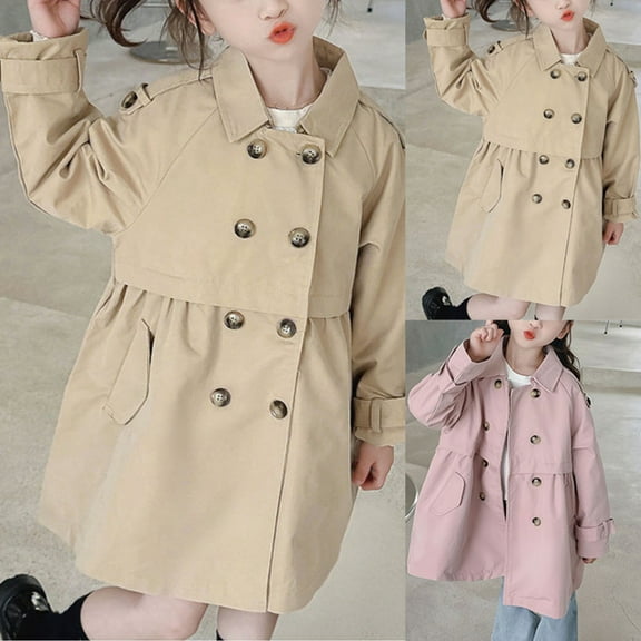 Lovzfmll Toddler Kids Girls Long Peacoat British Style Trench Coat Casual Turn Down Collar Double Breasted Classic for 2-12 Years