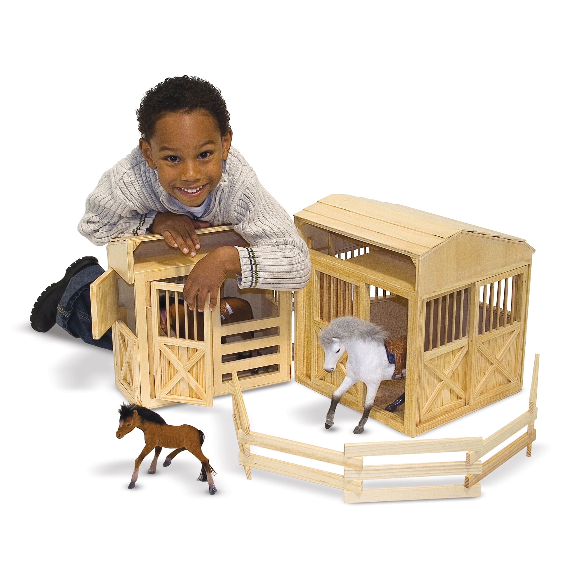 melissa & doug folding wooden horse stable dollhouse with fence