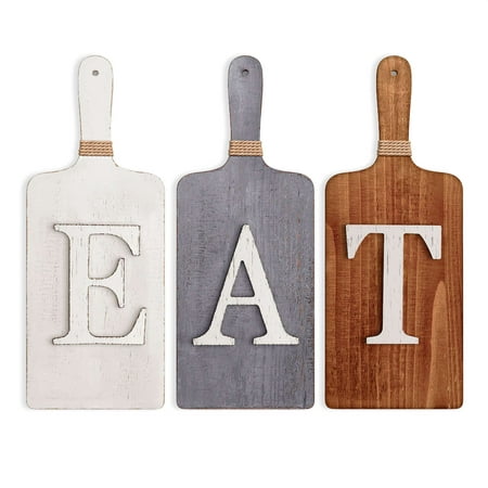 Barnyard Designs Cutting Board Eat Sign, Rustic Hanging Wall Decor, Primitive Country Farmhouse Home and Kitchen Decor, Multicolor White/Grey/Brown, Set of 3 - 6" x 15" Boards