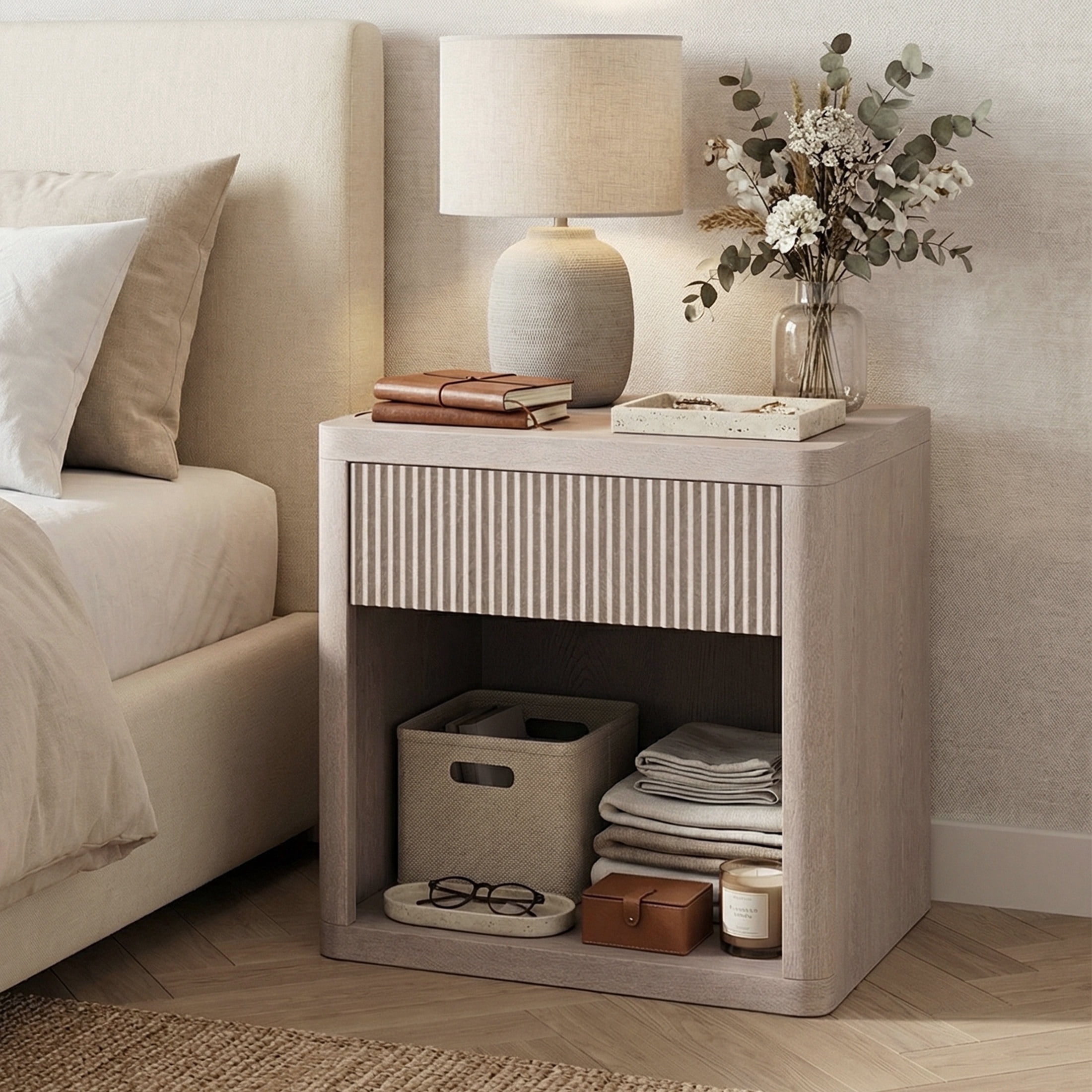 edx Nightstand, Modern Bedside Table with 1 Storage Drawer and Open Wood Shelf, for Living Room, Bedroom and Small Spaces, Accent Night Stand with Easy Assembly, 250 lbs Capacity, White Oak