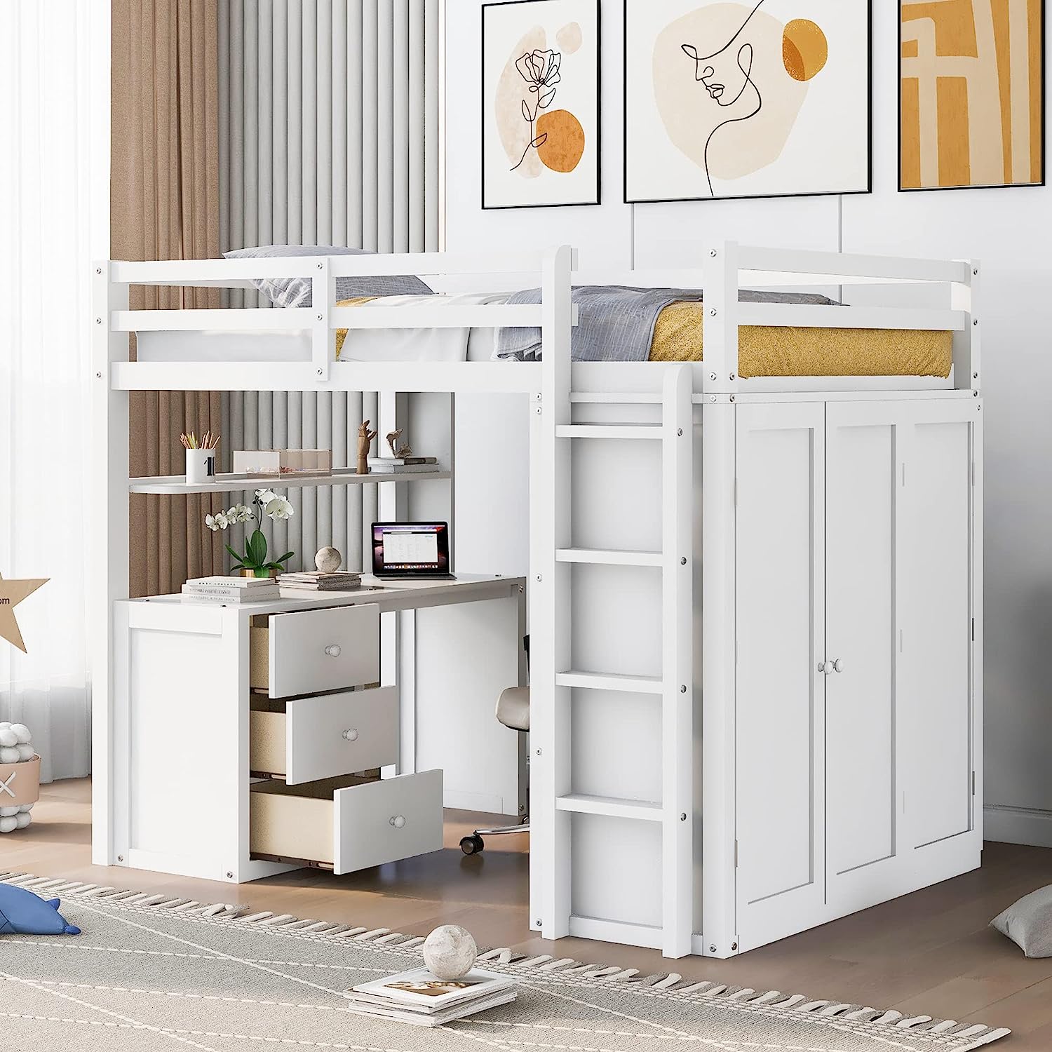 DEALTOPS Full Size Loft Bed with Wardrobe, Wood Loft Bed Frame with Desk 3 Storage Drawers Shelf Space Saving Platform Bed - White