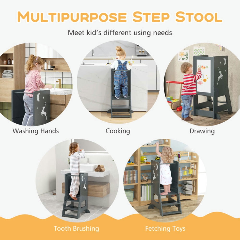 Kadyn Kids Kitchen Step Stool, Toddler Kitchen Stool Helper, Toddler Kitchen Stool Helper Baby Standing Tower with Chalkboard and Whiteboard-Gray