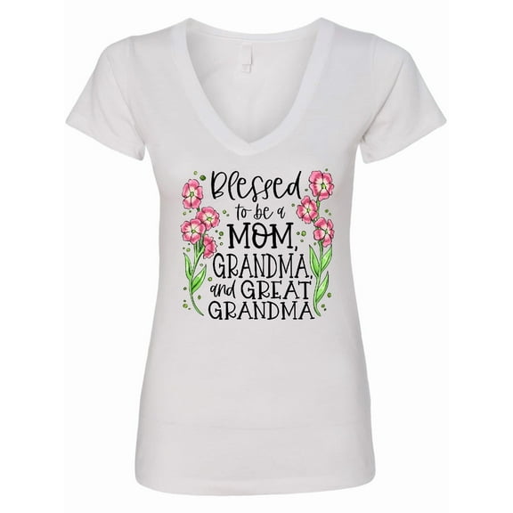 Inktastic Blessed to Be a Mom, Grandma, and Great Grandma Pink Flowers Women's V-Neck T-Shirt