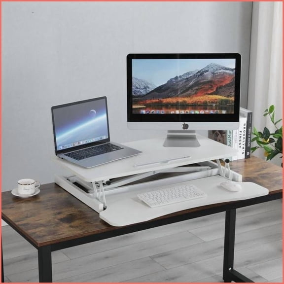 Standing Desk Converter, 31.5” x 15.7” Sit to Stand Riser with Wide Keyboard Tray for Dual Monitors/Laptop | White | MDF Metal