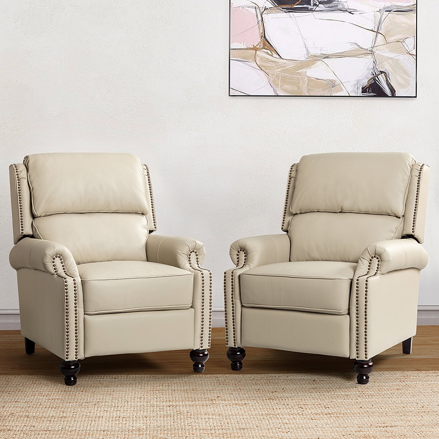 Mid-century Genuine Leather Pushback Recliner Chair with Nailhead Trim Set of 2 Beige