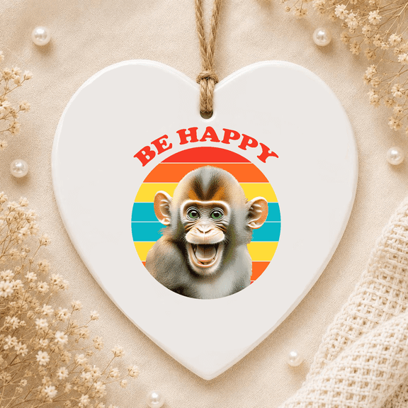 Be Happy Ornament Funny Smiling Monkey Ornament For Kids 2D FLAT HEART Ceramic Ornament