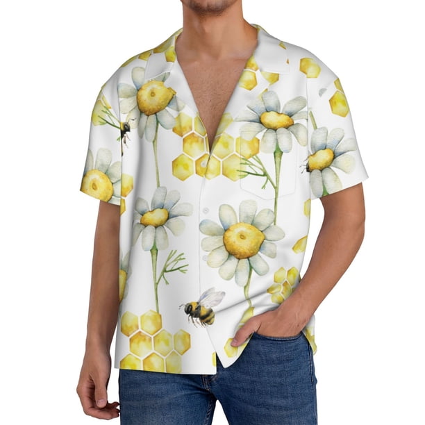 Fotbe Sweet Honey Camisa Estampada de Manga Corta para Hombre, Casual de Verano, Estilo Playero, Sin Arrugas-Large