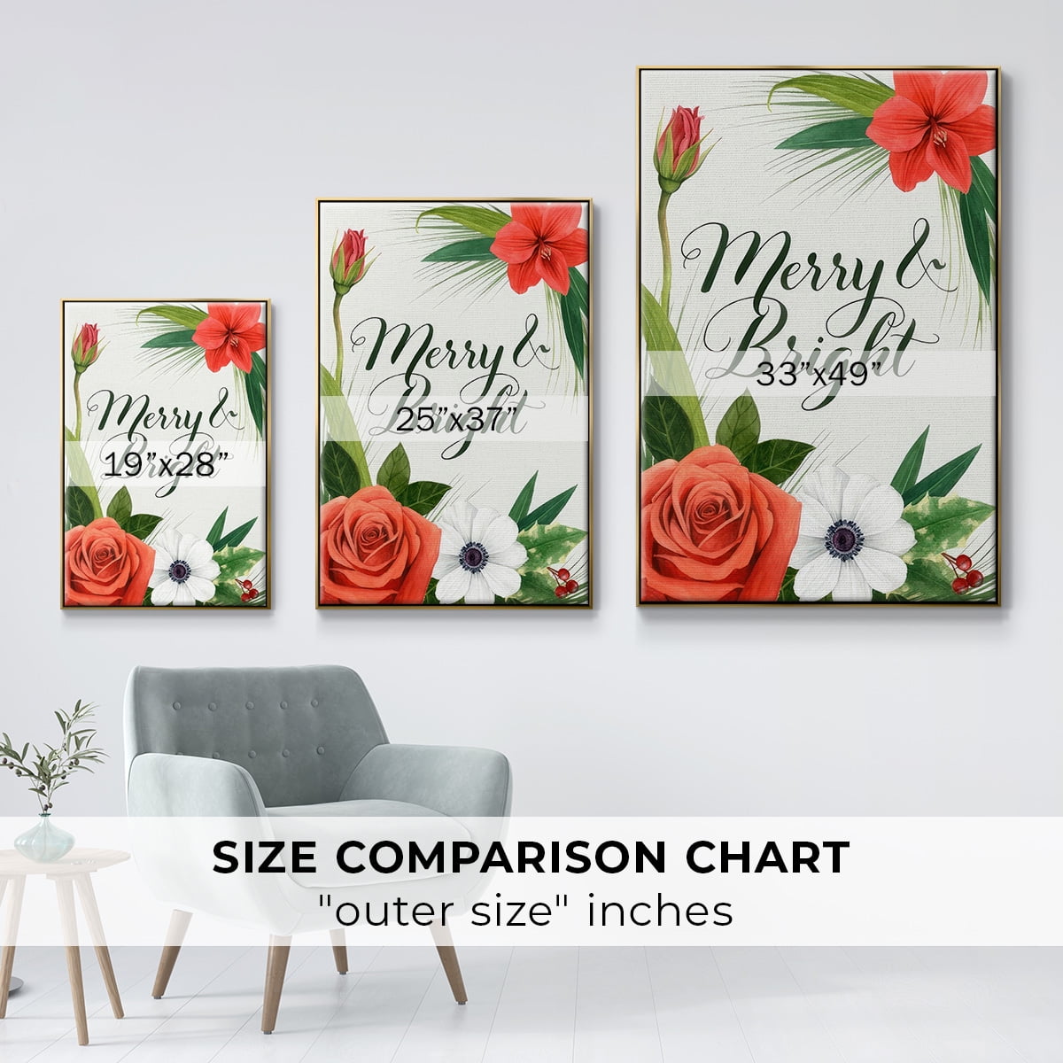 Christmas Flora Wreath Collection B - Framed Gallery Wrapped Holiday Canvas - 25 x 37 - Gold Frame