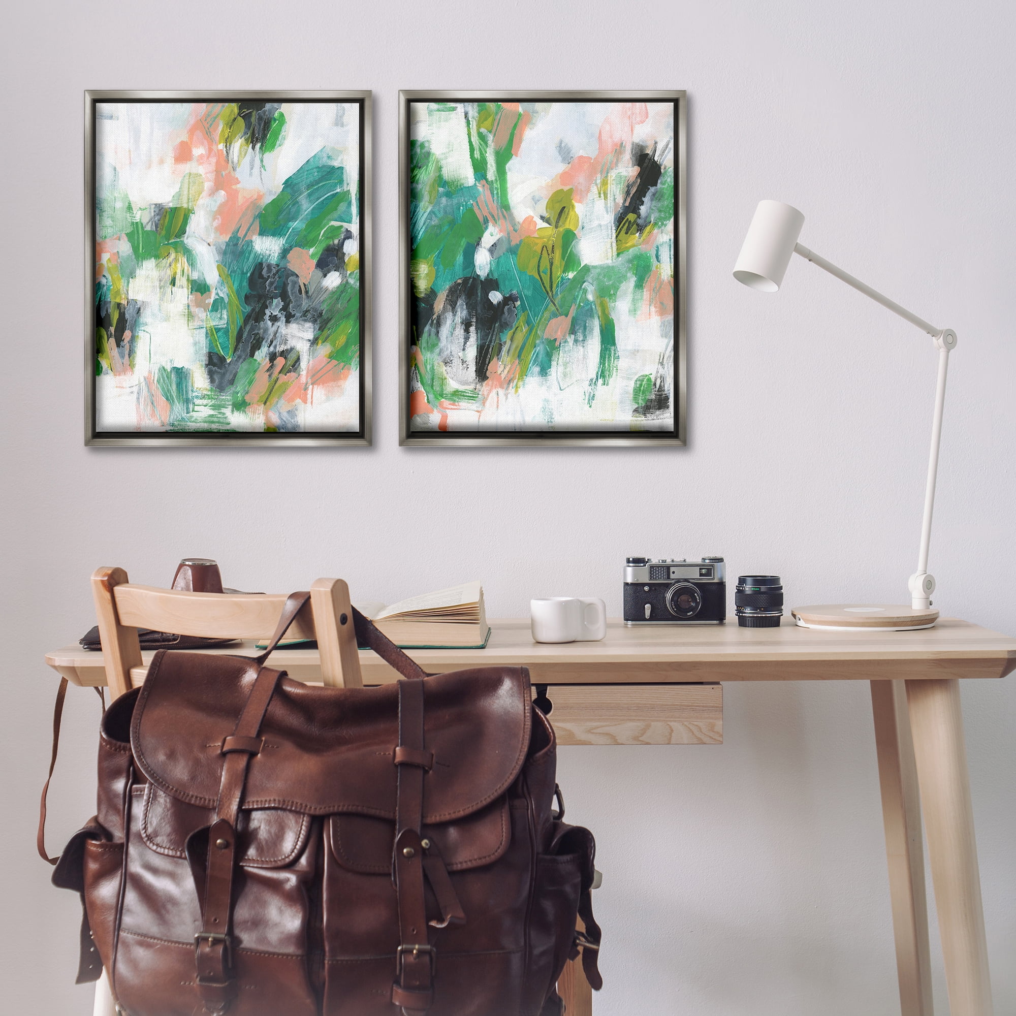 Stupell Industries Green Abstract Layers Abstract Painting Gray Floater Framed Canvas Art Print Wall Art, 31 x 25, Set of 2