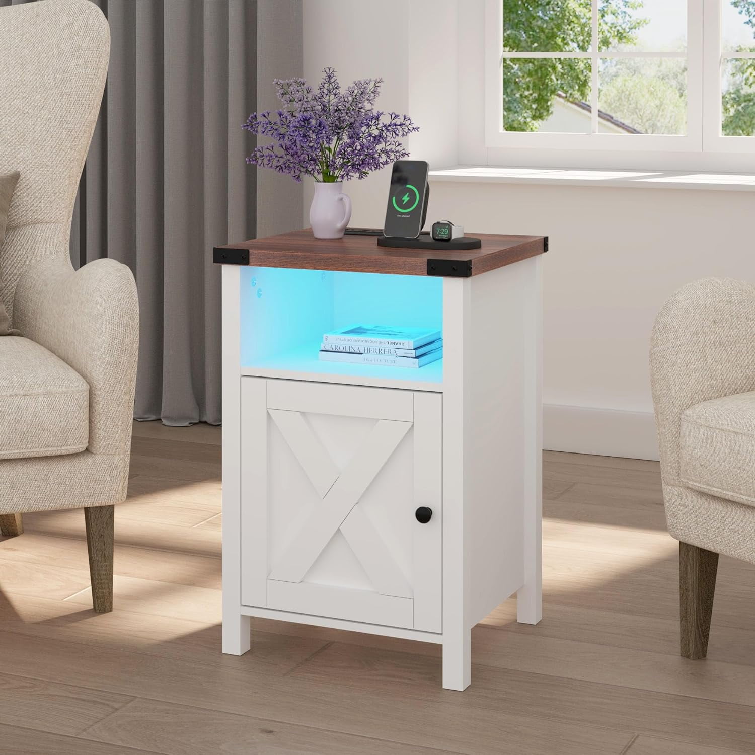 ChVans Set of 2 Farmhouse Nightstand with LED Lights & Charging Station for Bedroom, Rustic End Table with Barn Door & Storage Shelf, White