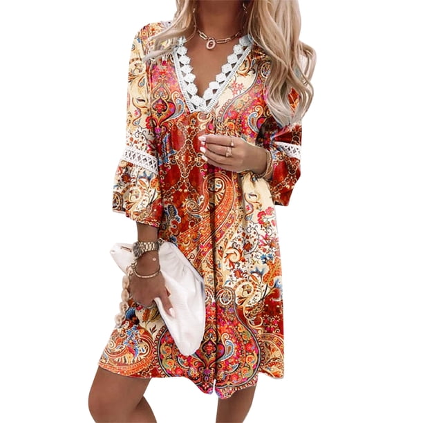 VISgogo Vestido suelto con cuello en V para mujer, bohemio 3/4 de manga larga con ribete de encaje, minivestido de playa fluido VISgogo moda