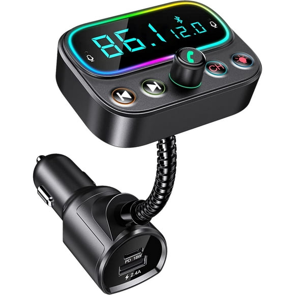 FM Transmitter for Car Bluetooth 5.0, 18W USB C Fast Car Charger, Bluetooth Car Adapter Radio Receiver with 9 Colors Backlight