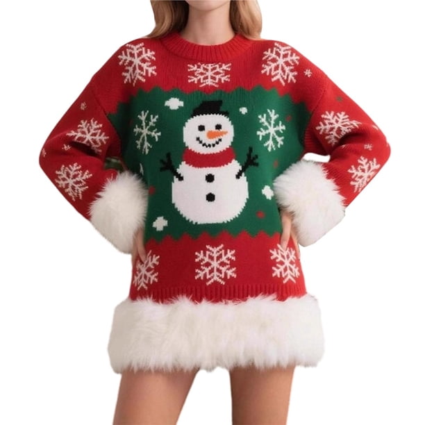 Suéter Navideño de Larga, Cuello Redondo y Medio para Mujer, con Estampado de Copos de Nieve en Jacquard y Colores Contrastantes Escarlata L