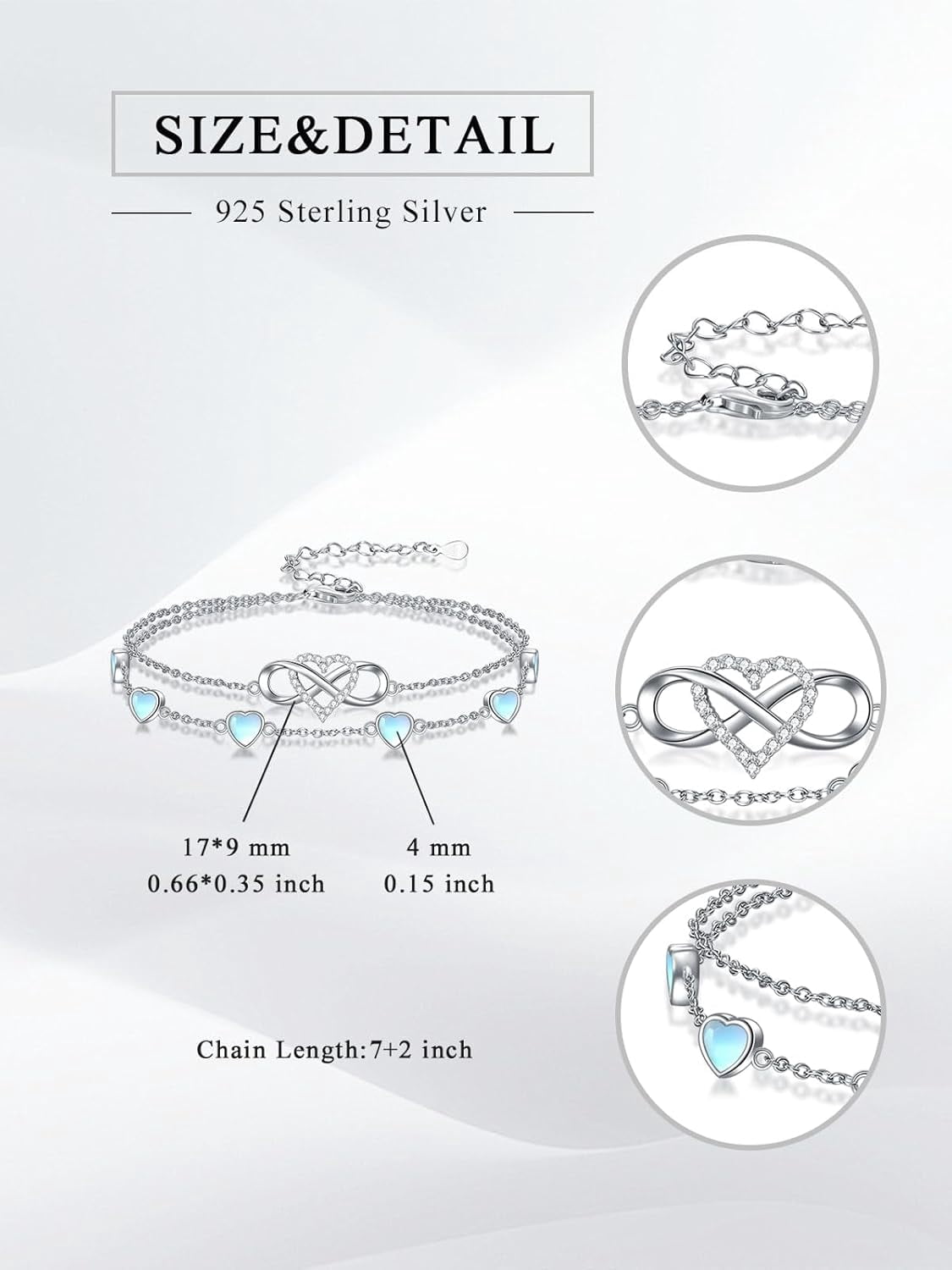 Infinity Moonstone Anklet 925 Sterling Silver Double Strand Heart Moonstone Anklet Birthday Jewelry Gift for Wife Women Mother,Chain Length 9"+2" Extend