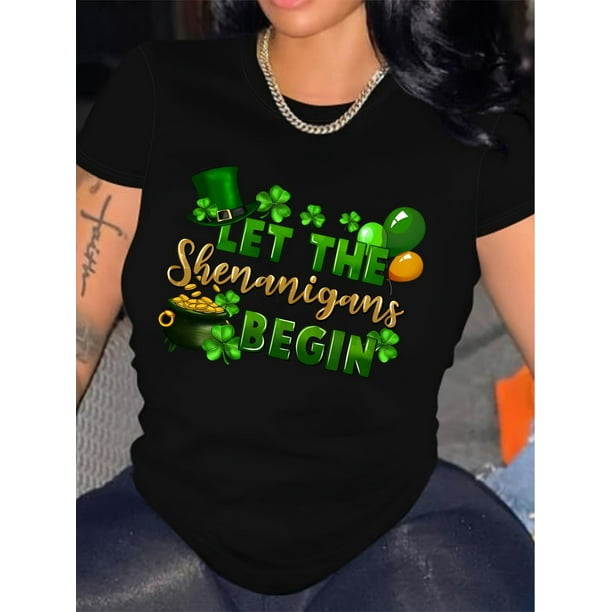 1pc St. Patrick'S Day Women'S T-Shirt - 100% Polyester Crew Neck Long Sleeve Tee with Four-Leaf Clover & Pot of Golden Print, Casual All-Season Knit Fabric Shirt