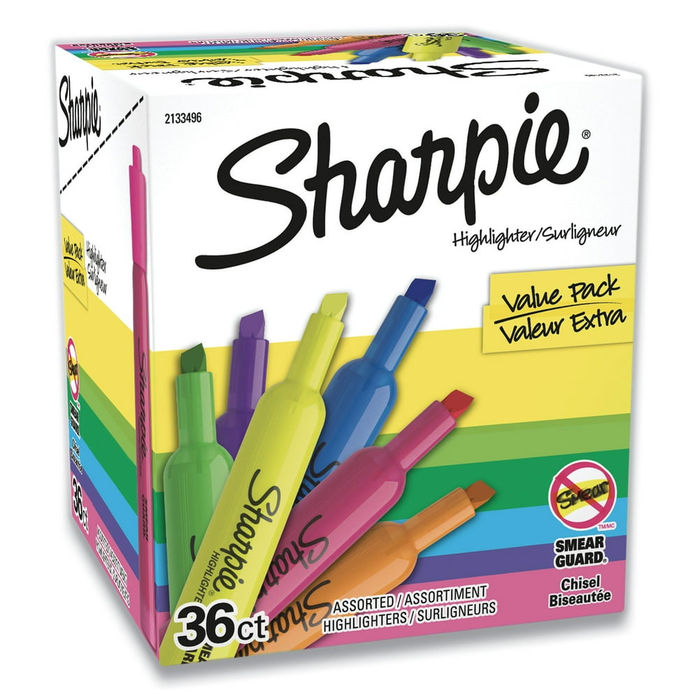 Sharpie Tank Style Highlighters, Chisel Tip, Assorted Colors, 36 Per