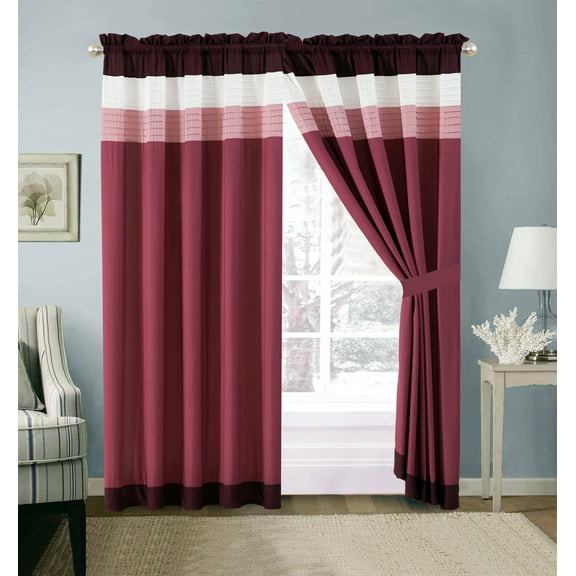 4-Pc Quinn Pleated Stripe Curtain Set Pink Purple Plum White Sheer Liner Valance Drape