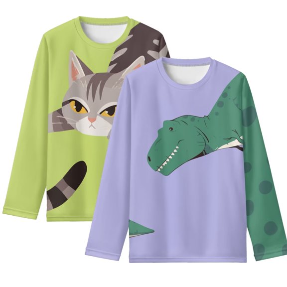 POLERO Cute Dinosaur Cat Shirts for Toddler Boys 15-16 Years Long Sleeve Round Neck 2 Pack Tops Breathable Soft T-Shirts Tees