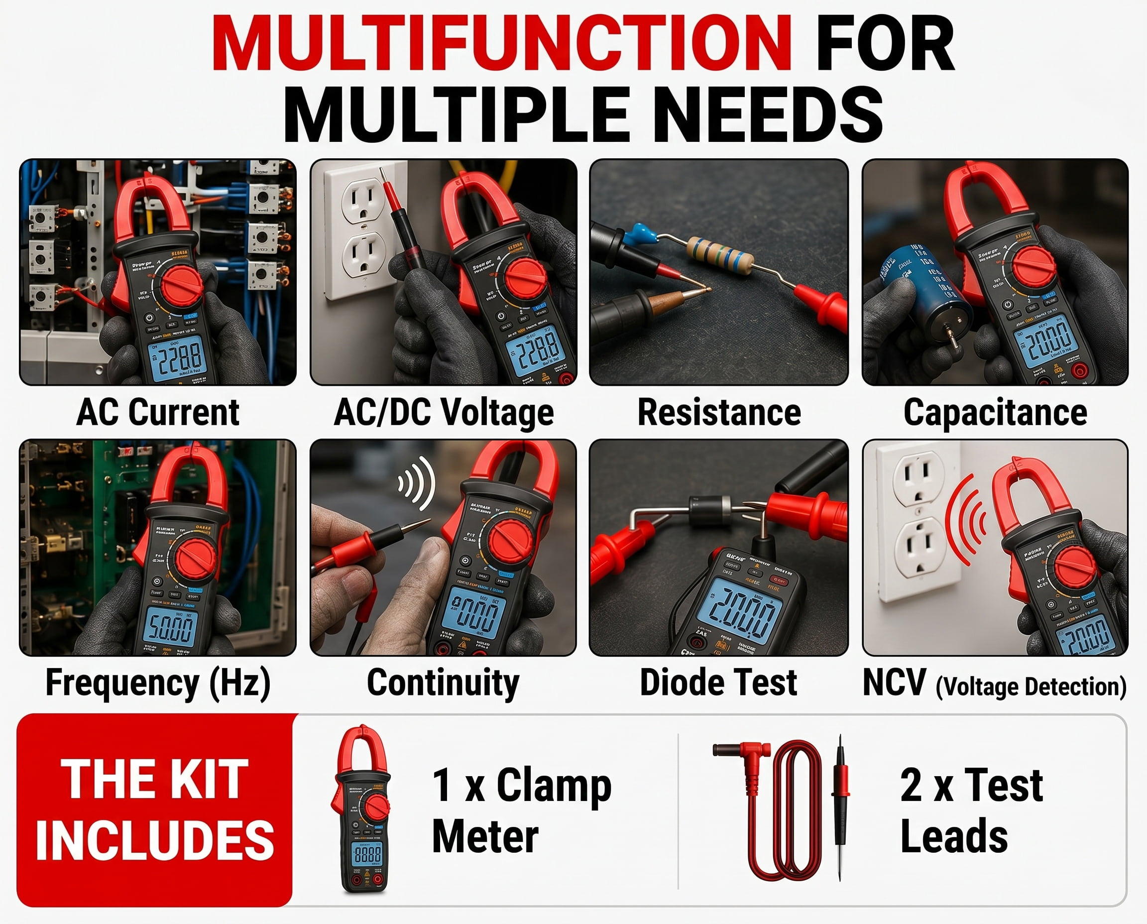 Digital Clamp Meter Multimeter, 4000 Counts AC/DC Voltage & Current Tester with NCV, Live Wire Detection, LED Flashlight for Home & Automotive