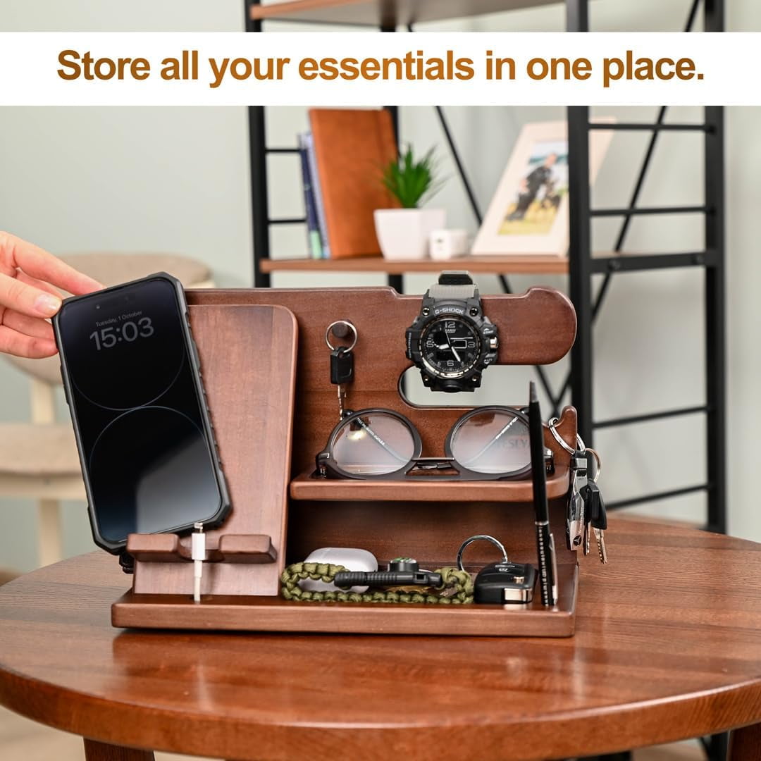 Jowenia Wood Phone Docking Station, Nightstand Key Holder Stand Watch Organizer for Men Gift, Hand Crafted for Dad Mens Organizer Station (Brown)
