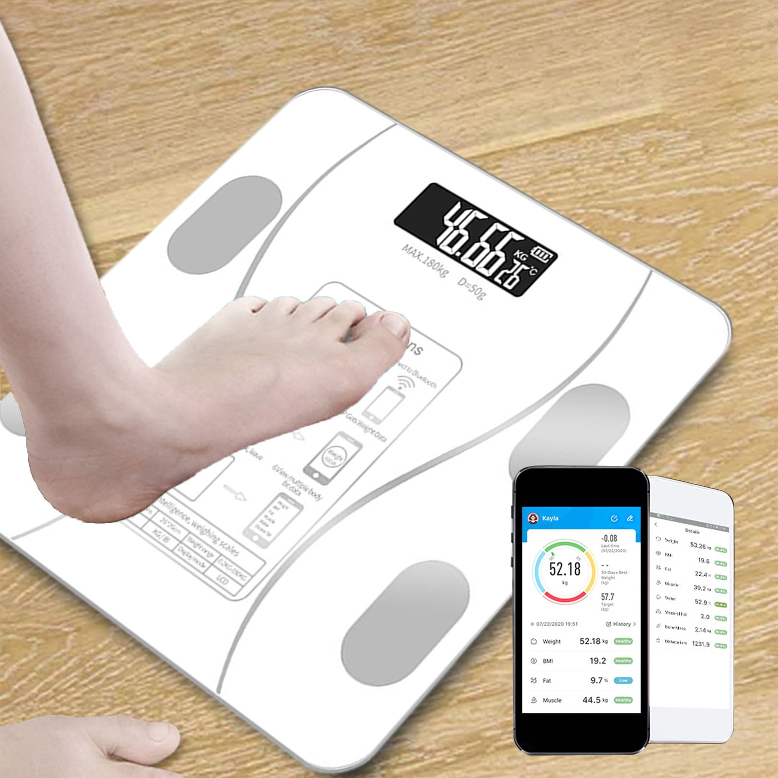 PureCasa Bluetooth Smart Scale with LED Display for Body Weight & Body Composition, High Accurate Digital Bathroom Scale, Sync with App, USB Rechargeable, 10.2"x10.2"x1.2", 1PC, White