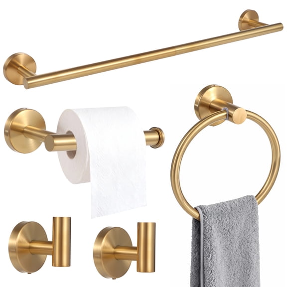 5 Pcs Gold Bathroom Hardware Set, Stainless Steel Bathroom Accessories Including 15.75 in Towel Bar, Toilet Paper Holder, Towel Ring and 2 Hooks, Wall Mounted