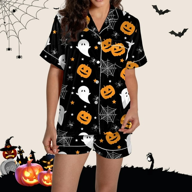 Pyjama pour Femmes en Satin Imprimé Graphique, Mignon, Tenue de Nuit, Boutons, Hauts à Manches Courtes, Ensembles de Shorts