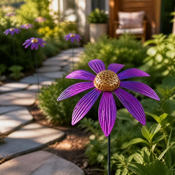 Metal Flower Garden Stake Purple Floral Yard Art Waterproof Iron Flower Stake Outdoor Garden Decoration Patio Backyard Walkway Flower Bed Landscape Ornament Gift