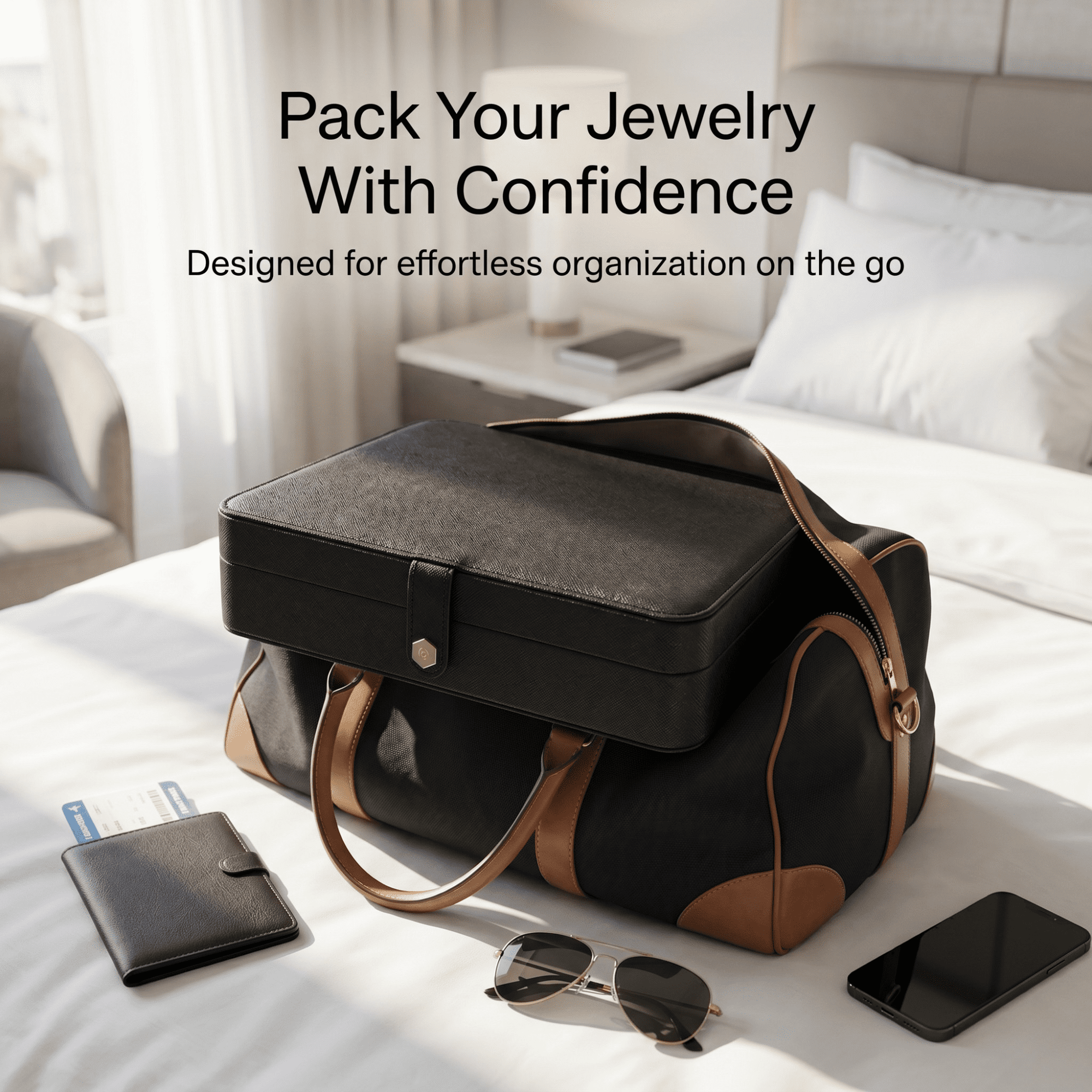 Hives and Honey Opal Large Women Jewelry Organizer Travel Case with Mirror in Black