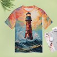 thumbnail image 4 of Lighthouse Sunrise Coast Scenery Pale Blue Tan Women's Short Sleeve T-Shirt Crew Neck Casual Summer Trendy Loose Fit Tops, 4 of 6