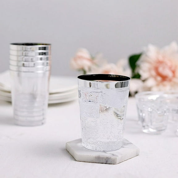 Balsa Circle 25 Clear Silver Rim 8 oz Disposable Plastic Cups Wedding Party Buffet Tableware