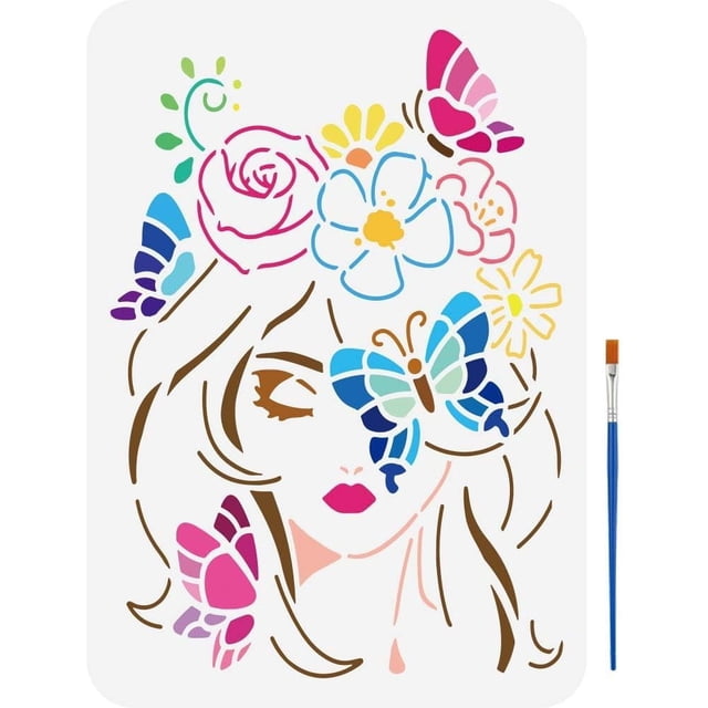 Plantilla para pintar una niña mariposa, 8.3 x 11.7 pulgadas. Plantilla de mujer con flores con 1 pincel. Plantilla de diseño de mujer con mariposa y rosa.