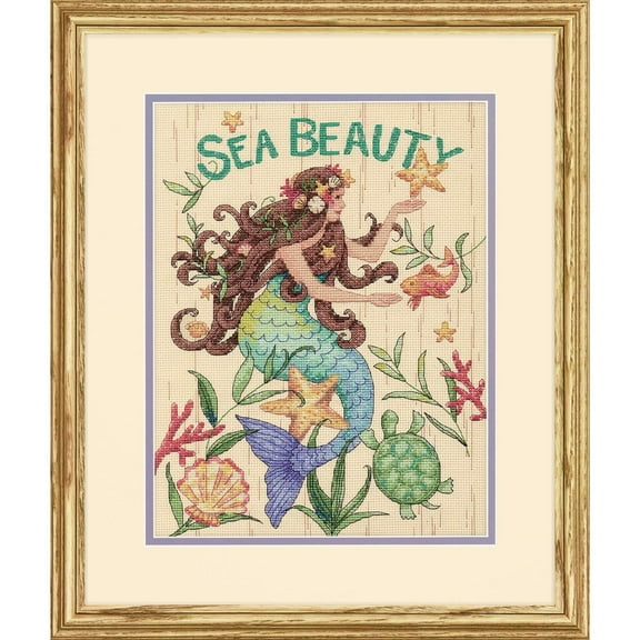 Dimensions Sea Beauty' Mermaid Cross Stitch Kit, 14 Count Natural Aida, 9" x 12"