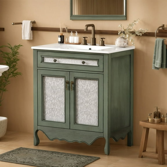 SogesPower 30" Antique Pattern Bathroom Vanity with Ceramic Sink, Solid Wood Bathroom Makeup Cabinet with Tip-Out Tray / Flip-Out Drawer, FreeStanding Single Basin Vanity Set, Antique Green   Blue